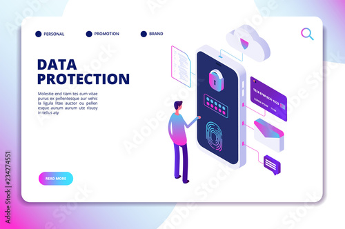 Data protection isometric concept. Personal identity, protected document finance security. Confidential business vector landing page. Protection and identity privacy personal illustration