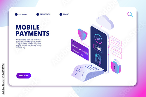 Mobile payments isometric concept. Online secure payment smartphone app. Banking internet shopping technology vector landing page. Illustration of online mobile payment with smartphone