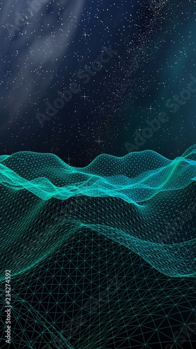 Abstract landscape on a dark background. Star horizon. Cyberspace grid. Hi-tech network. Outer space. Starry outer space texture. 3D illustration