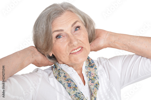 Portrait of beautiful senior woman on white background