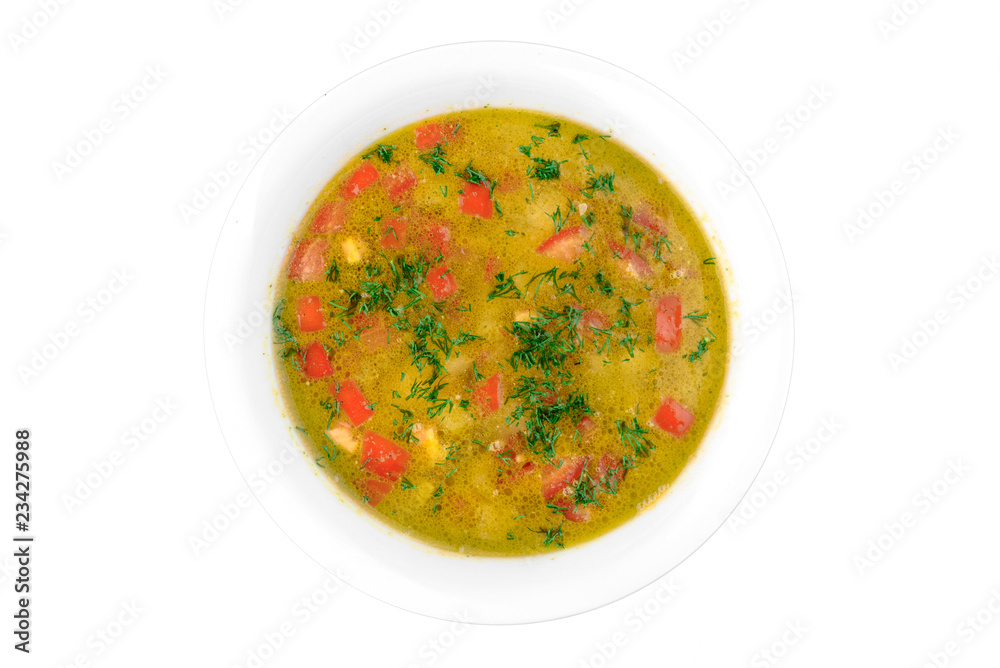 vegetable broth in a white plate isolated on white background. top view. flat lay vegetable broth in a white plate isolated on white background. top view. flat lay