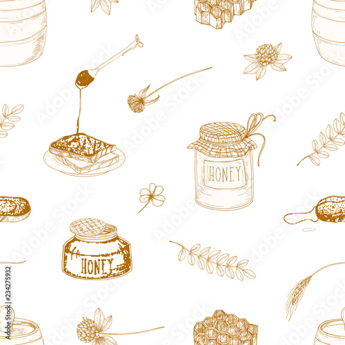 Monochrome seamless pattern with honey, dipper, bread slices, honeycomb, clov...