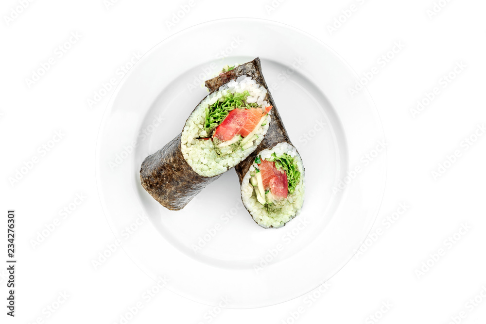 sushi burrito with salmon and cucumber in a white plate isolated on white background. top view. flat lay