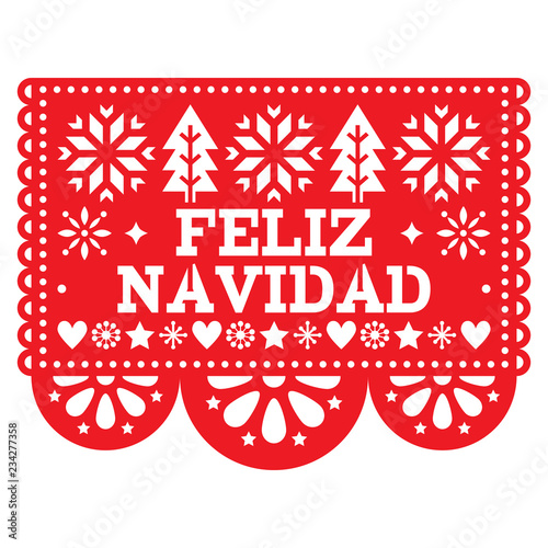 Feliz Navidad Papel Picado vector design, Mexican Xmas greeting card, red and white paper garland decoration pattern