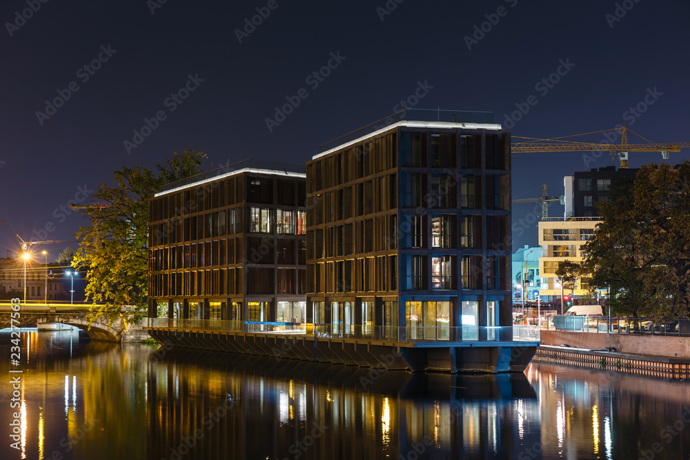view of the modern buildings in Wroclaw at night, Poland