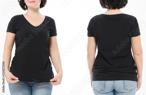 Women black blank t shirt, front and back rear view isolated on white background. Template shirt, copy space and mock up for print design. Cropped image