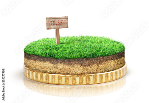 Sale of land concept. Piece of ground with saleboard on coin isolated on a white background. photo