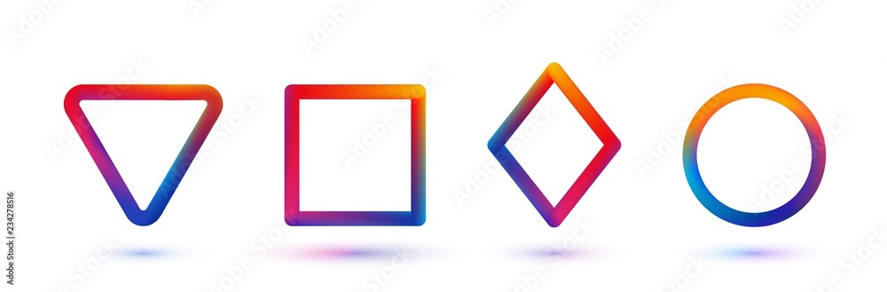 Vector geomitric shape set mesh gradient. Triangle, square, rhombus circle isolated colorful frames. Collection of trendy liquid colors design template for music, science, education, entertainments Vector geomitric shape set mesh gradient. Triangle, square, rhombus circle isolated colorful frames. Collection of trendy liquid colors design template for music, science, education, entertainments