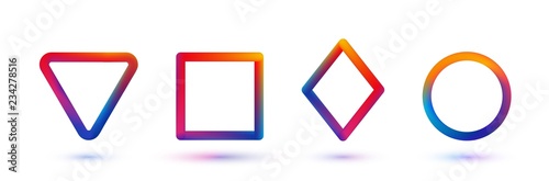 Vector geomitric shape set mesh gradient. Triangle, square, rhombus circle isolated colorful frames. Collection of trendy liquid colors design template for music, science, education, entertainments