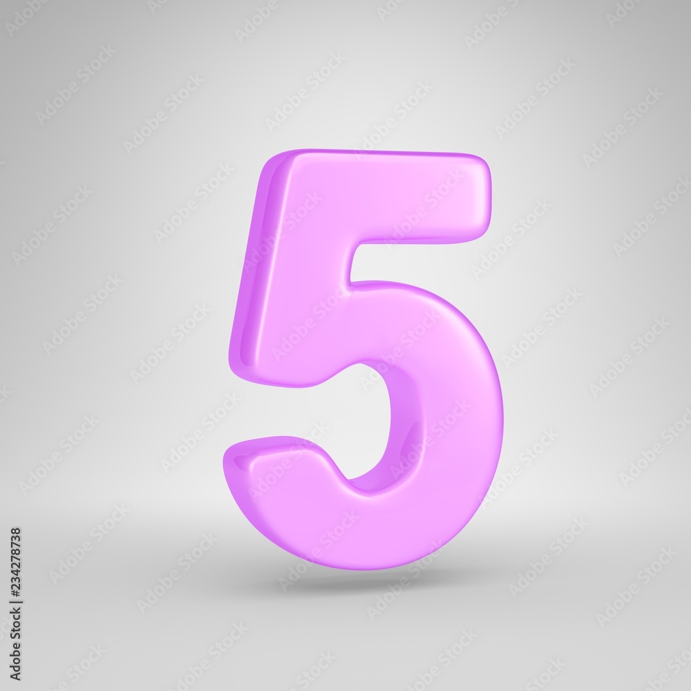 Glossy pink bubble gum number 5 isolated on white background Glossy pink bubble gum number 5 isolated on white background