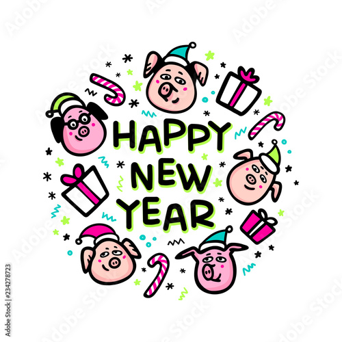 Happy new year Pig greeting card. Funny pig with gift and santa hats. 2019 Chinese New Year symbol. Doodle style characters for greeting cards, print, icon, sticker. Vector illustration.