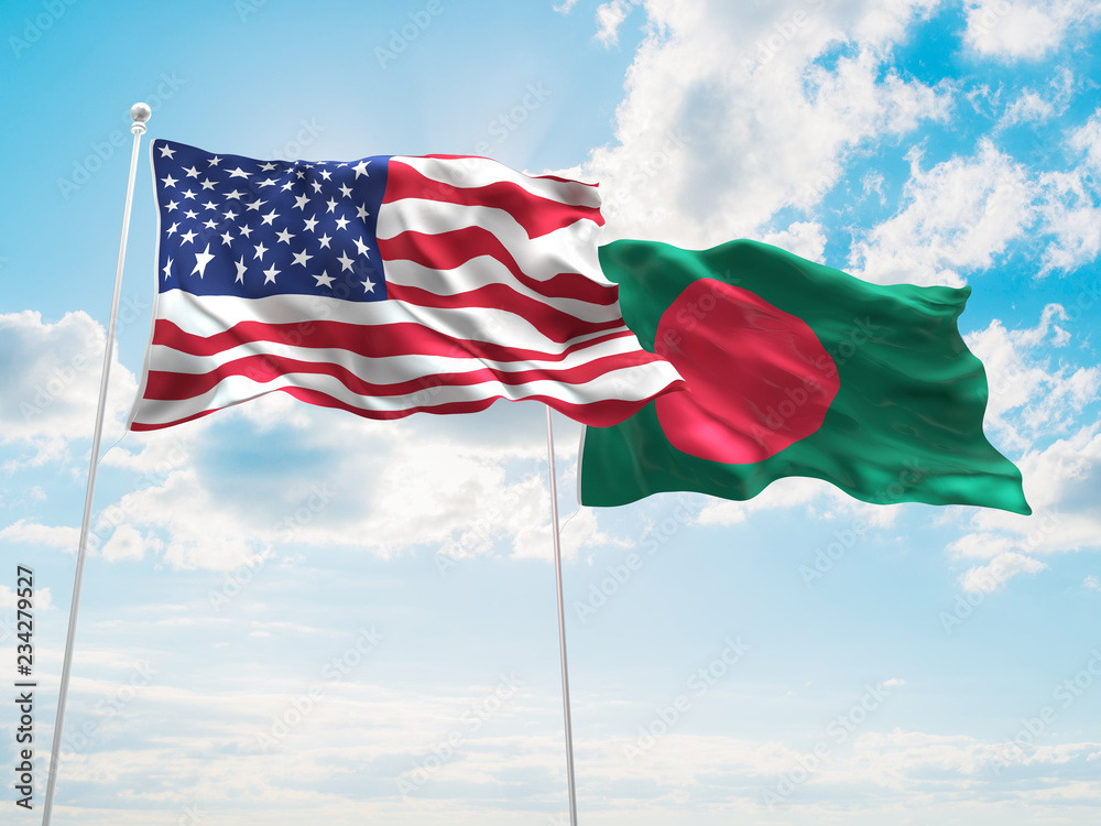 United States of America, USA & Bangladesh Flags are waving in the sky ...
