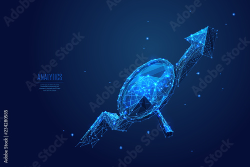 Abstract image of magnifying and arrow up in the form of starry sky or space, consisting of points, lines, and shapes in the form of planets, stars and the universe. Business vector wireframe concept