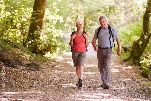 Fototapeta Naklejka Na Ścianę i Meble -  Senior Couple Hiking Along Woodland Path In Lake District UK Together