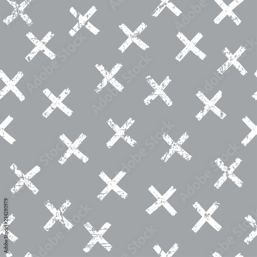 Vector seamless pattern. Abstract background with brush strokes. Monochrome hand drawn print. Hipster texture with crosses or pluses. Trendy graphic design