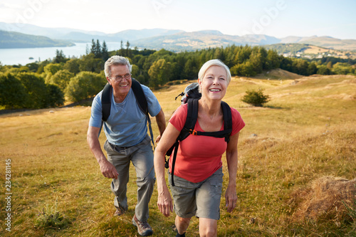 Картината върху платно Portrait Of Senior Couple Climbing Hill On Hike Through Countryside In Lake Dist