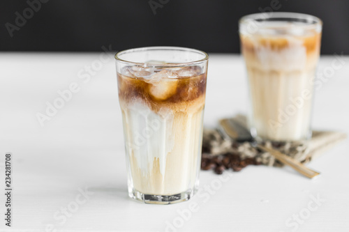 Delicious drink concept - Iced coffee in a glass with ice.