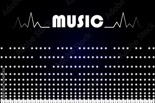 Illustrazione testo music, sfondo blu e nero con luci, vettoriale, sfondo musica