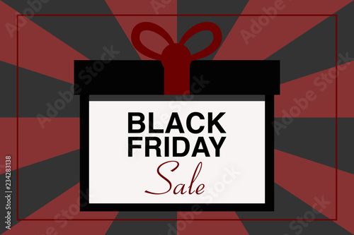 Illustrazione testo BLACK FRIDAY SALE, pacchetto regalo, sfondo nero e rosso, vettoriale evento