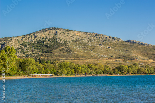 sea bay beach shore line and mountain horizon background Mediterranean south beautiful landscape in summer warm clear weather time