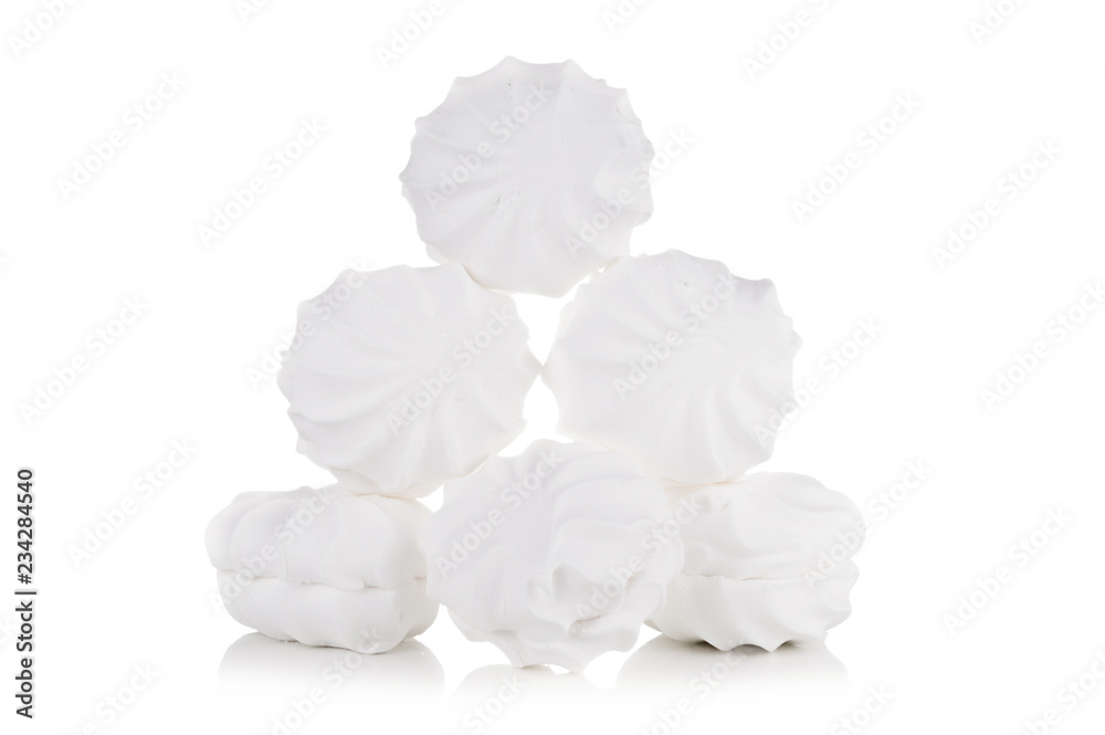 Sweet dessert group of white zephyr marshmallows isolated on white background, Sweet dessert group of white zephyr marshmallows isolated on white background,