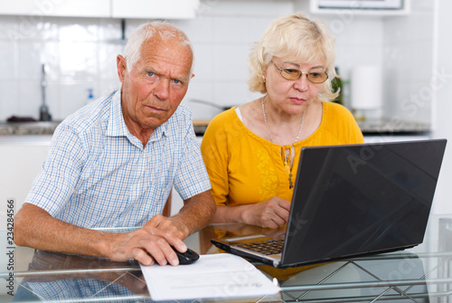 Portrait of a mature family couple  looking at laptop at kitchen © JackF