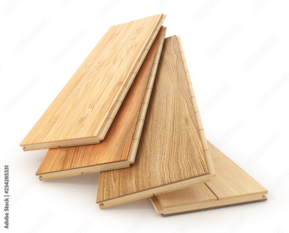 Set of different parquet plank isolated on a white. 3d illustration - obrazy, fototapety, plakaty 