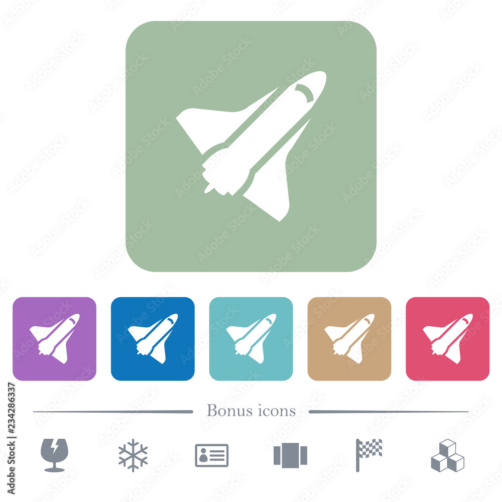 Space shuttle flat icons on color rounded square backgrounds