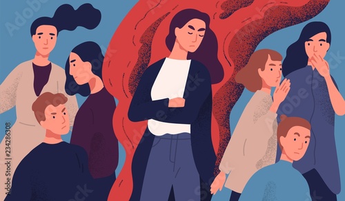 Angry young woman among people not willing to talk to her. Concept of communication problem with unpleasant arrogant annoying selfish person. Colorful vector illustration in flat cartoon style.