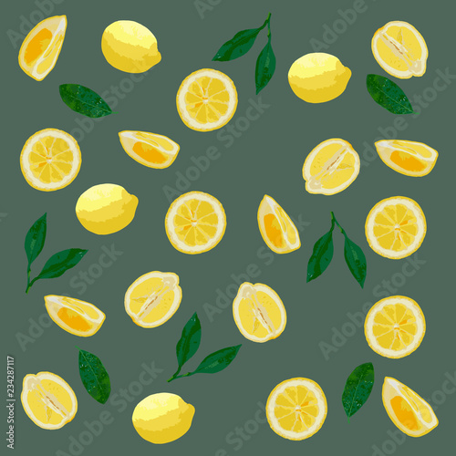 Pattern of lemons in pastel colors. Gray background, yellow lemons. Bright,realistic, juicy. Concept - creative summer banner, minimal summer idea, packaging, postcards. Vector illustration.