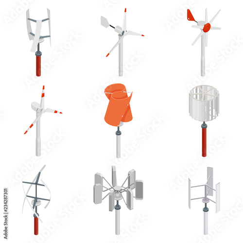 collection of wind turbine generators. Isometric clean energy set. Wind power. Vector icon set.