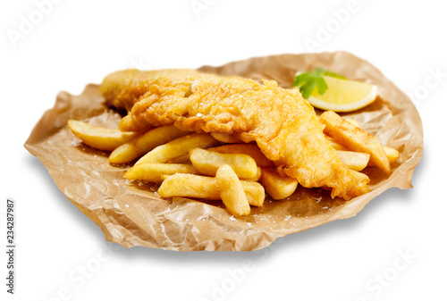 Fish and chips, in brown paper photo