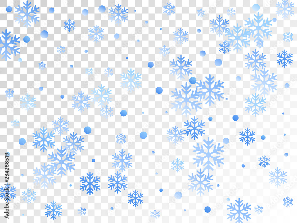 Crystal snowflake and circle elements vector graphics. Windy winter snow confetti scatter banner background. Flying colorful gradient snow flakes background, winter water crystals vector.