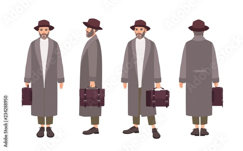 Bearded man wearing elegant coat, hat and holding briefcase. Funny male cartoon character isolated on white background. Front, side and back views. Colorful vector illustration in flat style.