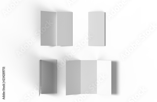 Set of four blank paper trifold leaflet mockups on white background with shadows. Different state. Photorealistic 3D illustration