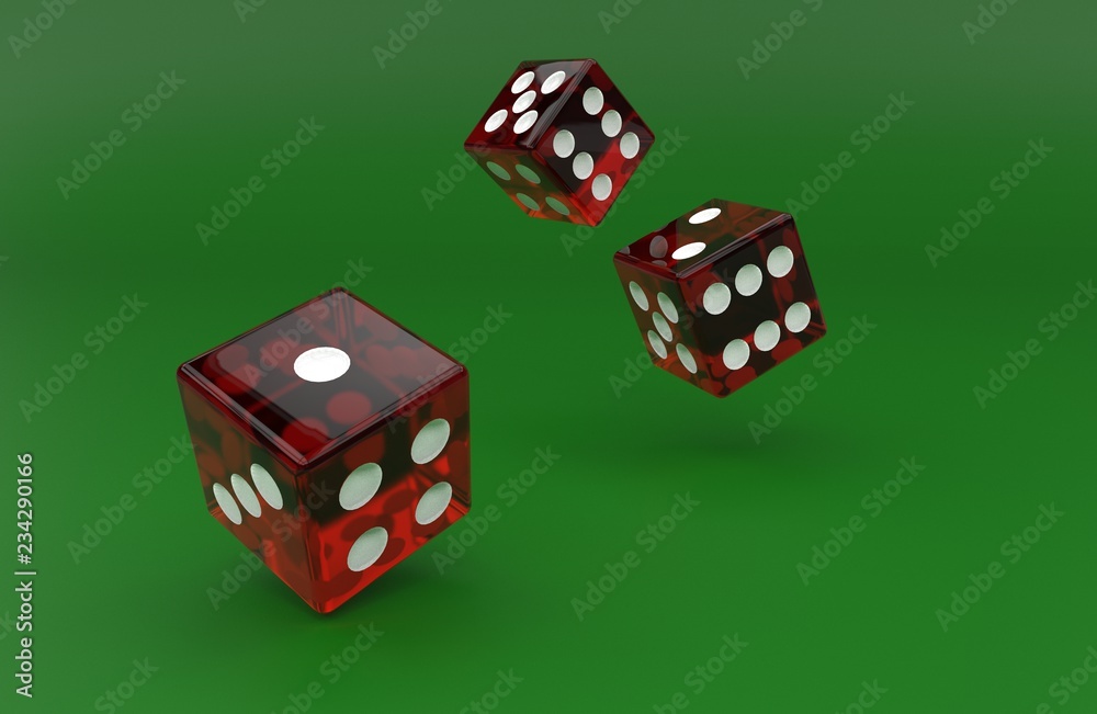 Three Red transparent dice rolls on green surface. 3D rendering