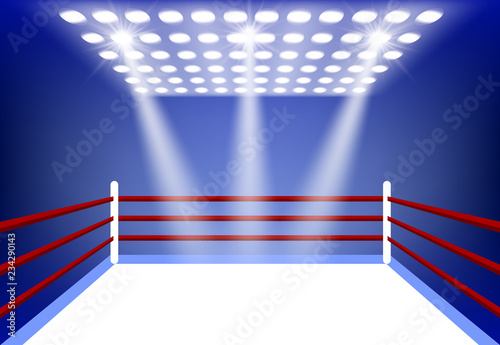 boxing ring surrounded by a spotlight on a dark blue background and white floor. cartoon vector illustration