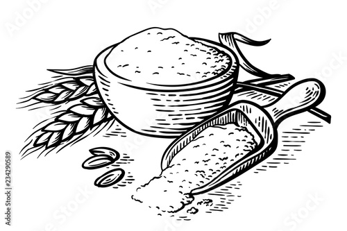 fresh flour wooden dish scoop on white background vector illustration