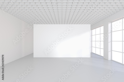 White billboard in an empty office with large windows and beautiful diffused light from the window. 3D rendering.