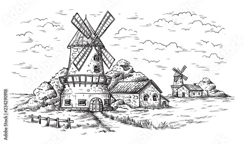 village near a wheat field and a windmill drawn by hand vector illustration