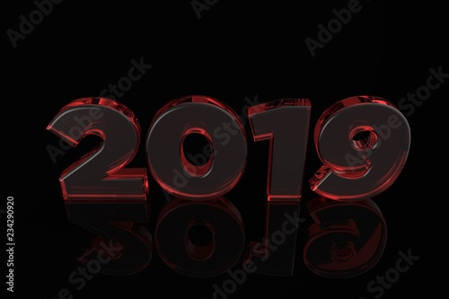 Red glass isolated numbers 2019 on black background with floor reflections. 3D rendering photo