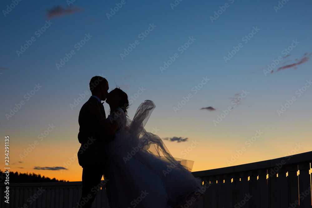 silhouette of the bride and groom against the blue sky on the coast at sunset.