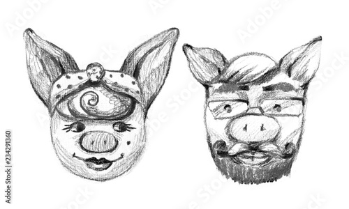 Piggy hipster pin up themed illustration on white background.