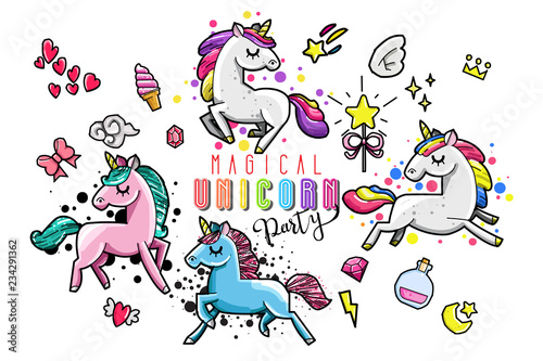 Fotografie, Obraz Cute unicorn collection with magic items, rainbow, fairy wings, crystals, clouds, potion