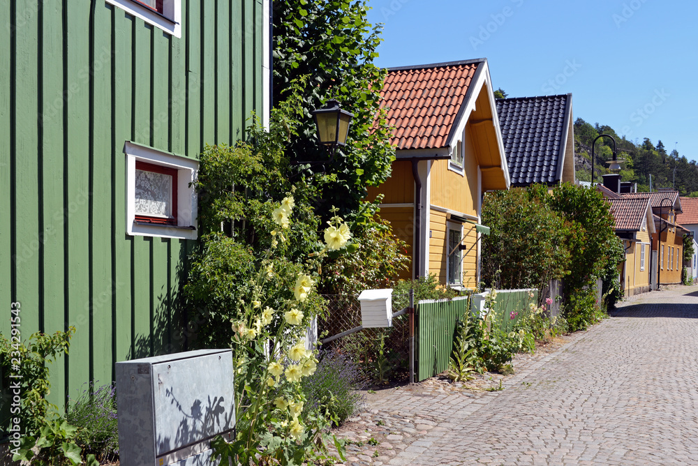 Mittelalterliche Straße mit Rosen in Söderköping Schweden Mittelalterliche Straße mit Rosen in Söderköping Schweden