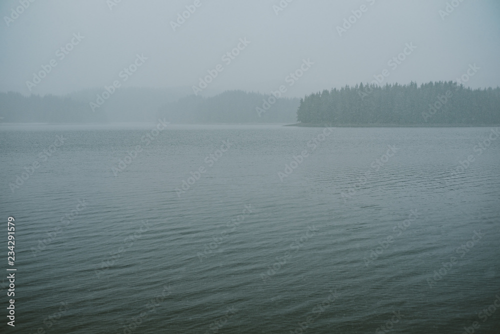 Winter lake with fog and snow