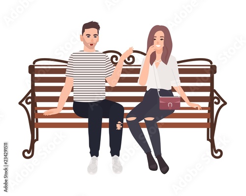 Young couple sitting together on street bench and talking. Happy man and woman in love isolated on white background. Boy and girl on romantic date. Colorful vector illustration in flat cartoon style.