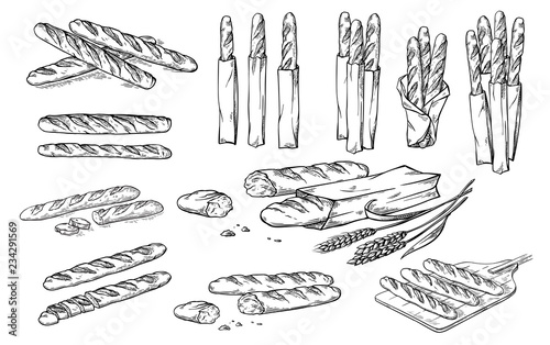 collection of natural elements of bread and flour sketch