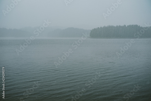 Winter lake with fog and snow