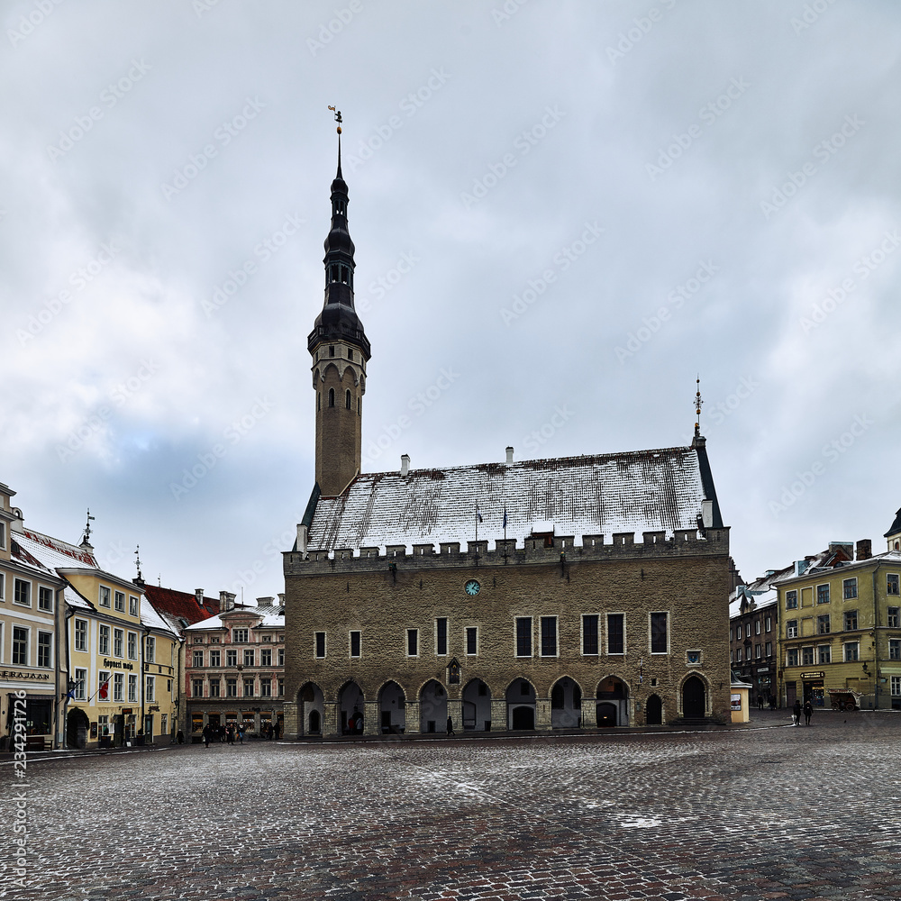 Tallinn old Town Hall and Raekoja Square in winter. 